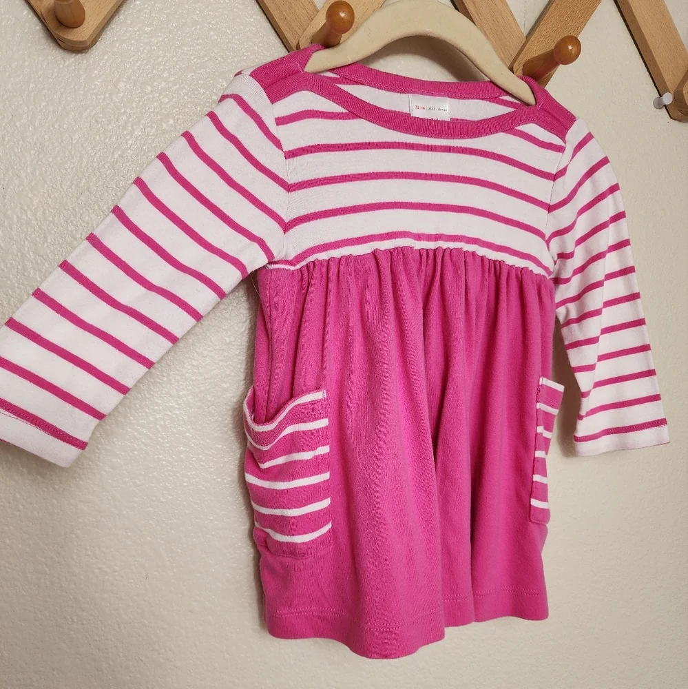 Hanna Andersson Striped Dress Girls 12-18 Months Pink Long Sleeve Pockets